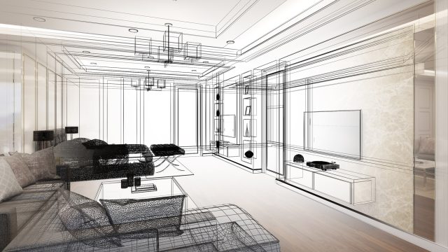 Split-view living room interior where one side is a black-and-white architectural sketch and the other is a finished 3D-rendered space with sofa, coffee table, decor, and large windows, symbolizing the transformation from design concept to realistic visualization used to show clients future space changes.