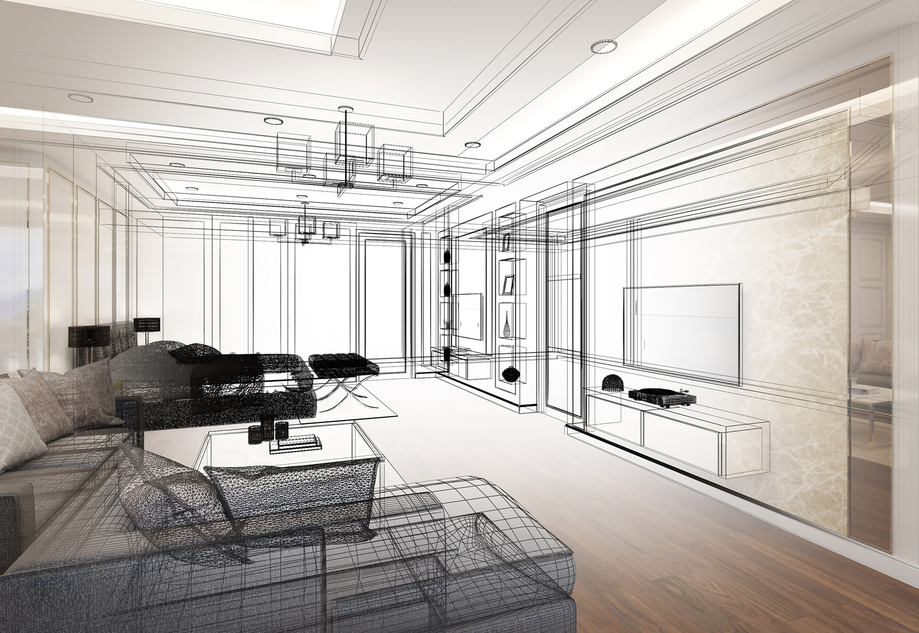 Split-view living room interior where one side is a black-and-white architectural sketch and the other is a finished 3D-rendered space with sofa, coffee table, decor, and large windows, symbolizing the transformation from design concept to realistic visualization used to show clients future space changes.