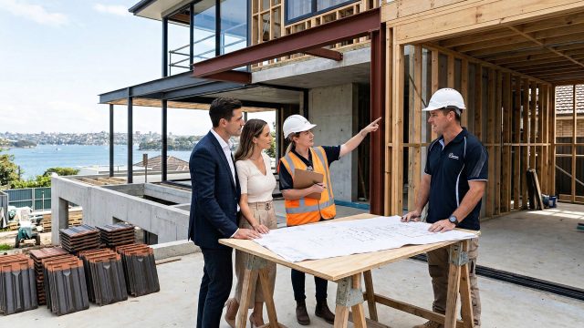 A well-dressed couple, a site inspector in a high-vis vest, and a builder in a hard hat stand around a wooden table reviewing blueprints at a multi-level home construction site. Stacks of roof tiles sit in the foreground, and a scenic coastal harbor is visible in the background.