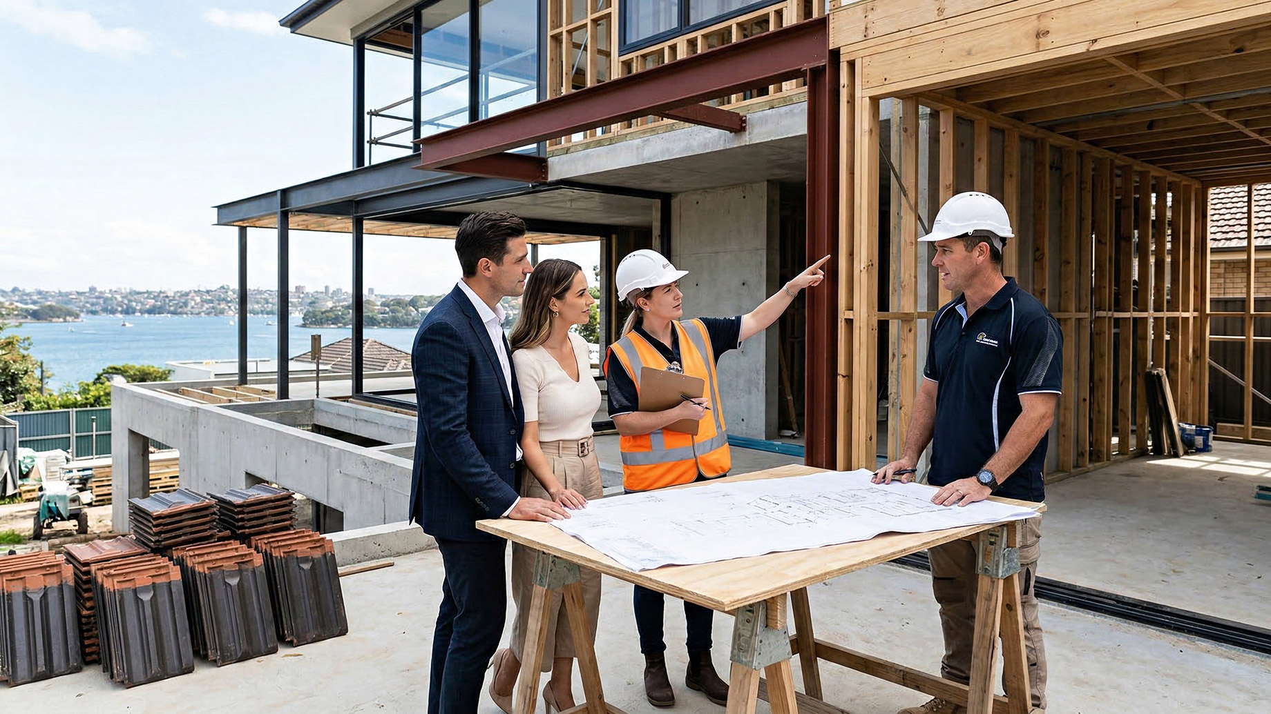 A well-dressed couple, a site inspector in a high-vis vest, and a builder in a hard hat stand around a wooden table reviewing blueprints at a multi-level home construction site. Stacks of roof tiles sit in the foreground, and a scenic coastal harbor is visible in the background.