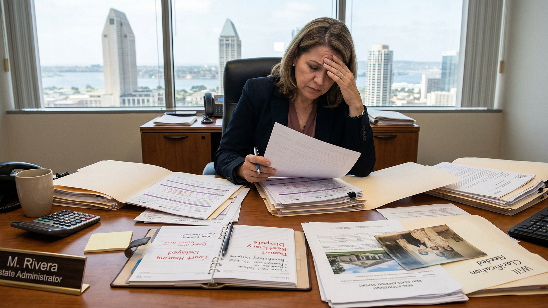 An overwhelmed woman sitting at a desk covered in stacks of legal documents and folders, rubbing her forehead in stress as she reads a paper, with the San Diego city skyline visible through the window behind her.