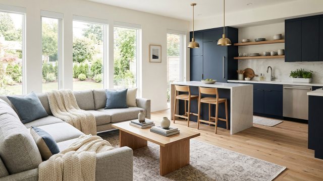 A bright, open-concept living room and kitchen featuring a grey sofa, large windows overlooking a garden, navy blue kitchen cabinets, and a white island with wood stools.
