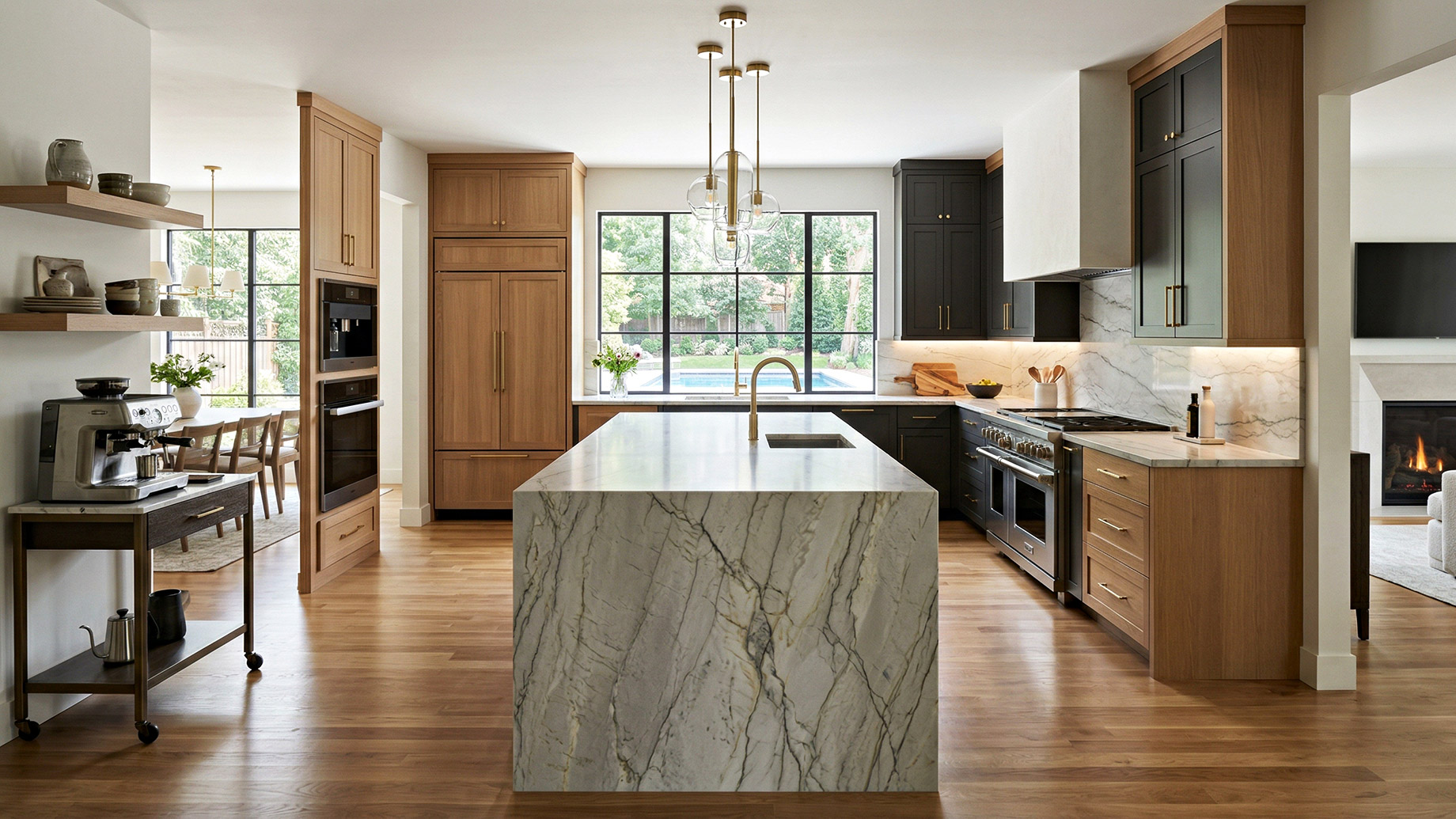 A spacious, open-concept luxury kitchen featuring a large marble island with a waterfall edge, custom light wood and dark painted cabinetry, a professional-grade stainless steel range, and brass pendant lighting over hardwood floors.