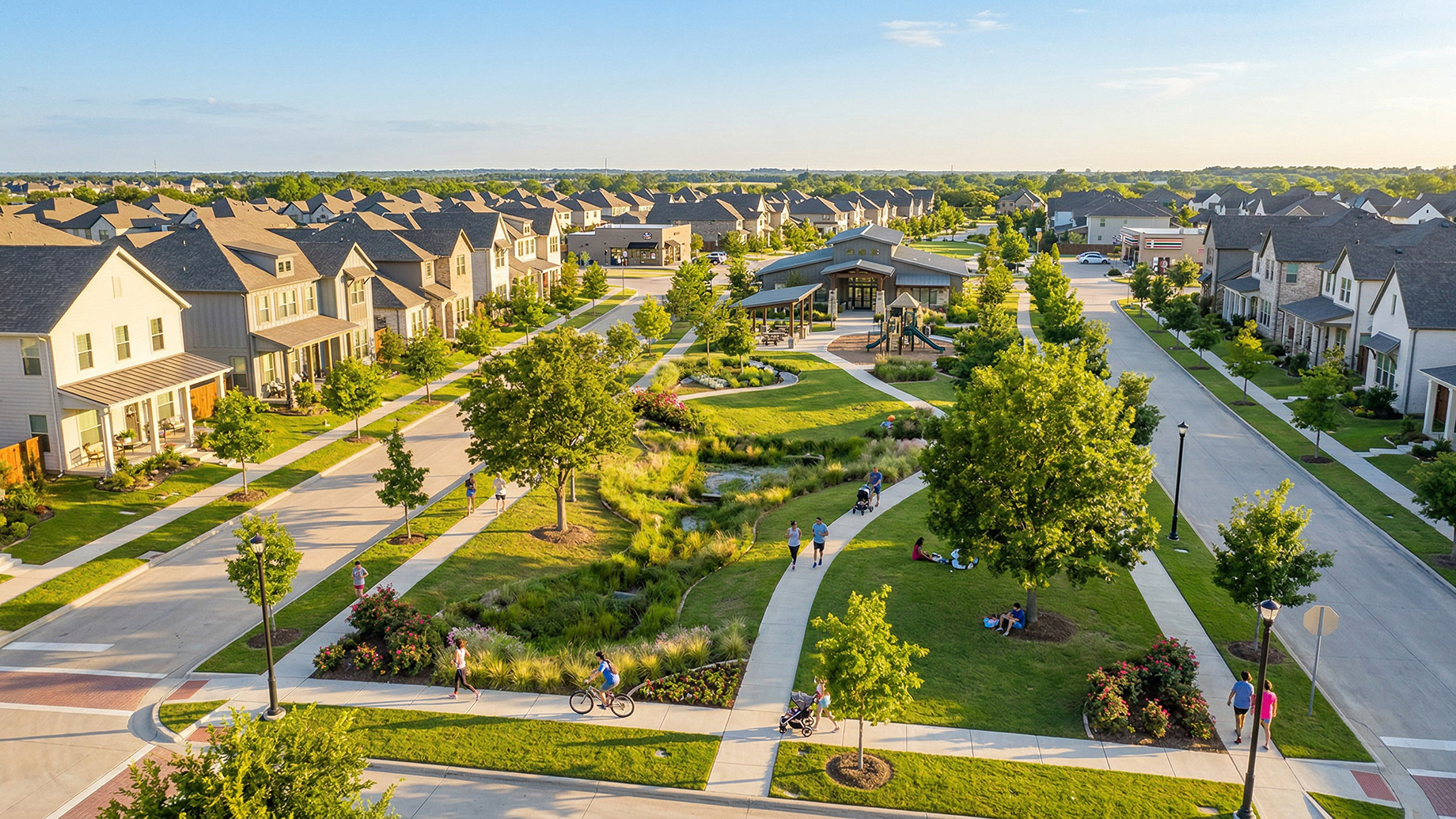 An aerial view of a modern neighborhood featuring contemporary homes built around a large, landscaped central park where residents are walking, cycling, and relaxing.