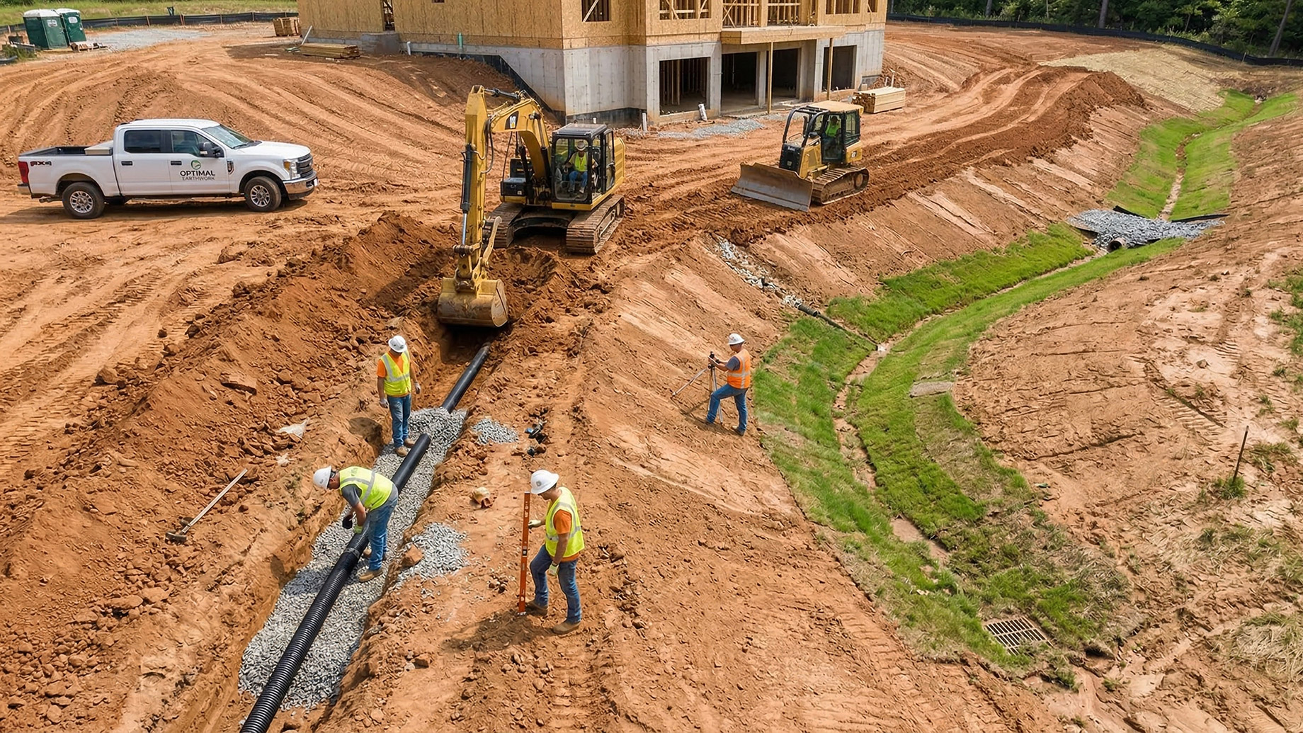 A construction crew actively installing a large black corrugated drainage pipe in a gravel-filled trench. In the background, an excavator digs the trench while a small bulldozer shapes the surrounding earth to slope away from a partially built multi-story wooden building. Several workers in hard hats and high-visibility vests are measuring the grade and guiding the pipe installation.