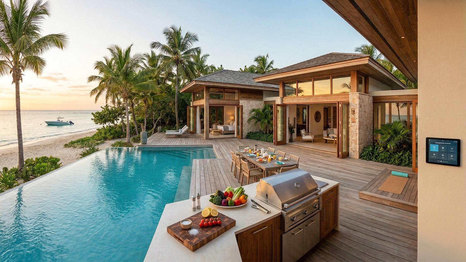 A luxurious beachfront private villa at sunset featuring an infinity pool, a wooden deck with an outdoor grill and fresh vegetables, an al fresco dining area, and open-concept rooms. A smart home control tablet is mounted on the exterior wall, and a yoga mat is laid out nearby. The calm ocean and a small boat are visible in the background.