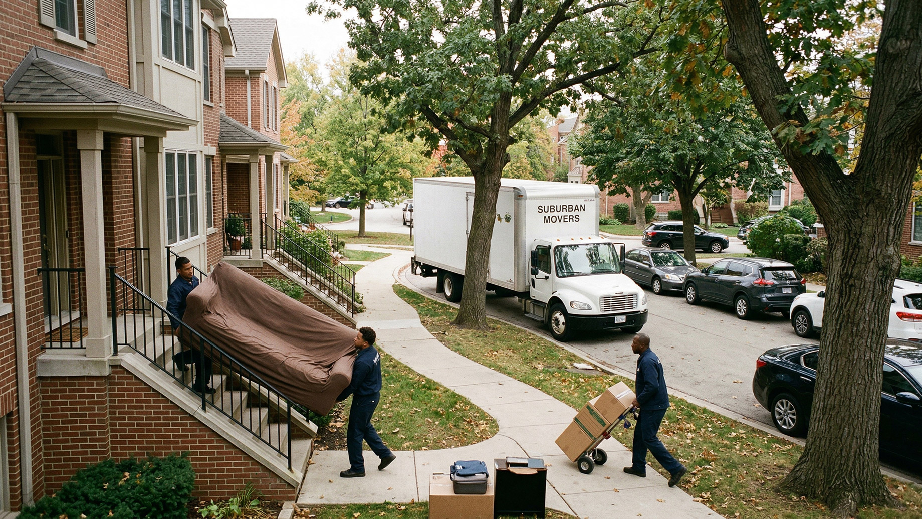 Three movers in blue uniforms work outside a brick suburban townhome. Two carry a large, wrapped sofa down the front steps, while a third wheels a stack of boxes on a hand truck along a long sidewalk toward a white moving truck parked on a narrow, car-lined street.