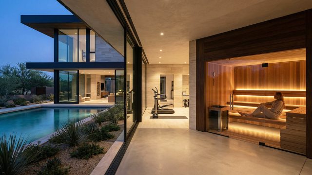 A wide-angle view of a modern luxury desert home at twilight, featuring an exterior swimming pool and native desert landscaping. Large glass sliding doors reveal an interior home sauna with a person relaxing on a bench inside, a home gym area with a treadmill, and living spaces.