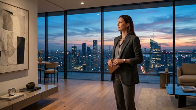 A woman in a tailored grey suit stands thoughtfully in a minimalist luxury penthouse at dusk, looking out through floor-to-ceiling windows at a sprawling city skyline while holding a small leather portfolio.
