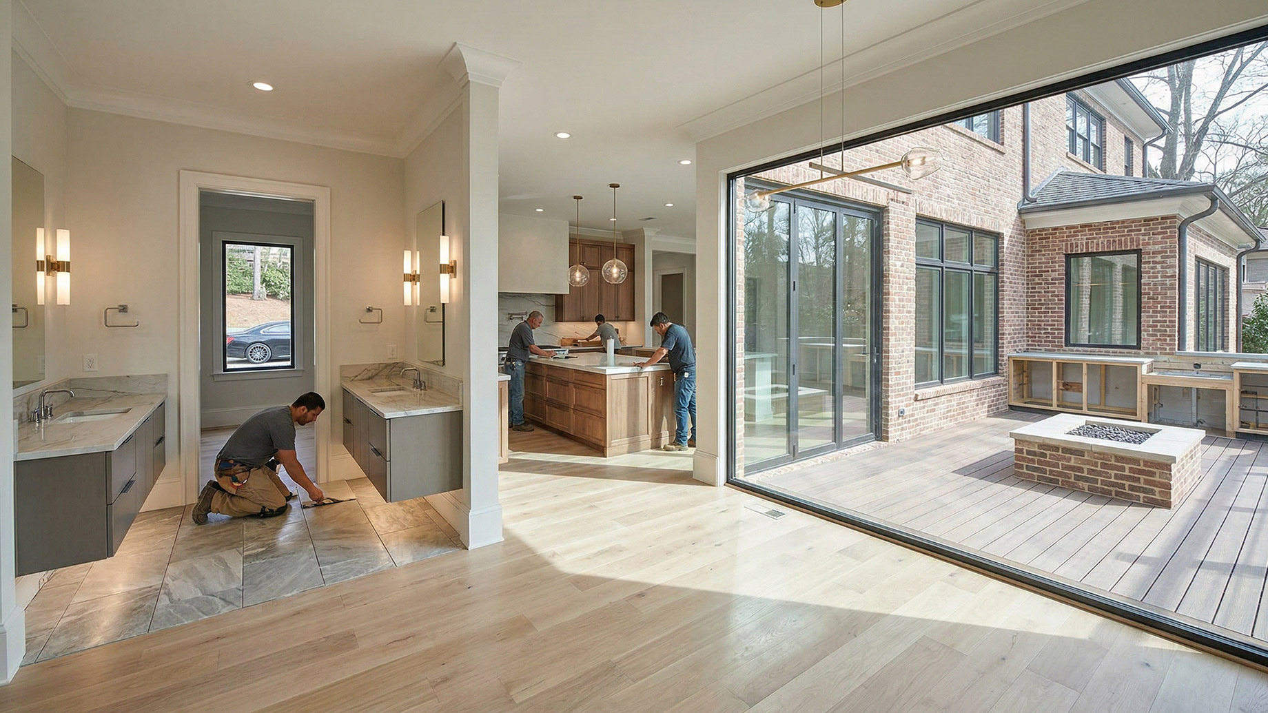 Skilled contractors working on a comprehensive luxury home remodel, featuring a worker installing bathroom flooring, others assembling a kitchen island, and a custom outdoor living space under construction visible through large sliding glass doors.