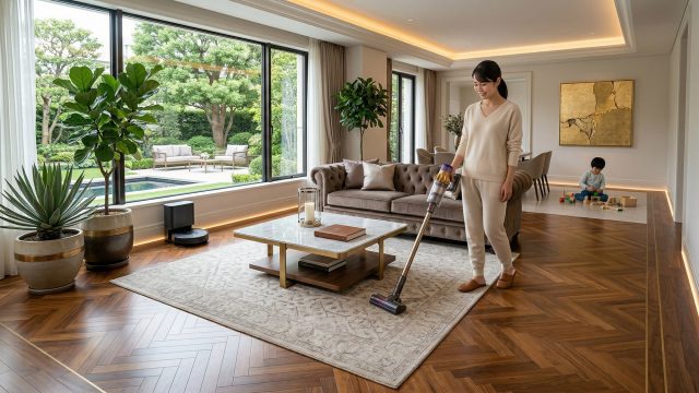 A woman in a cream loungewear outfit uses a modern cordless stick vacuum on a large patterned rug in a spacious, high-end living area. In the background, a small child plays on the parquet floor. A velvet sofa, a marble coffee table, and large floor-to-ceiling windows overlooking a patio and pool are visible.
