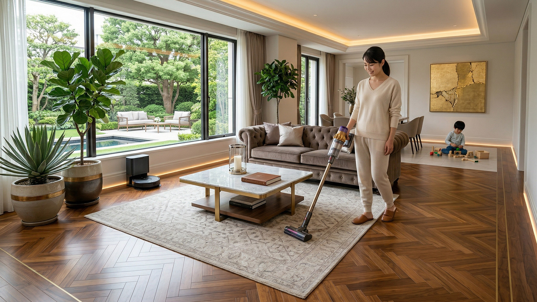 A woman in a cream loungewear outfit uses a modern cordless stick vacuum on a large patterned rug in a spacious, high-end living area. In the background, a small child plays on the parquet floor. A velvet sofa, a marble coffee table, and large floor-to-ceiling windows overlooking a patio and pool are visible.