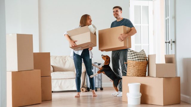 Young Couple With a Dog, Moving to a New Home