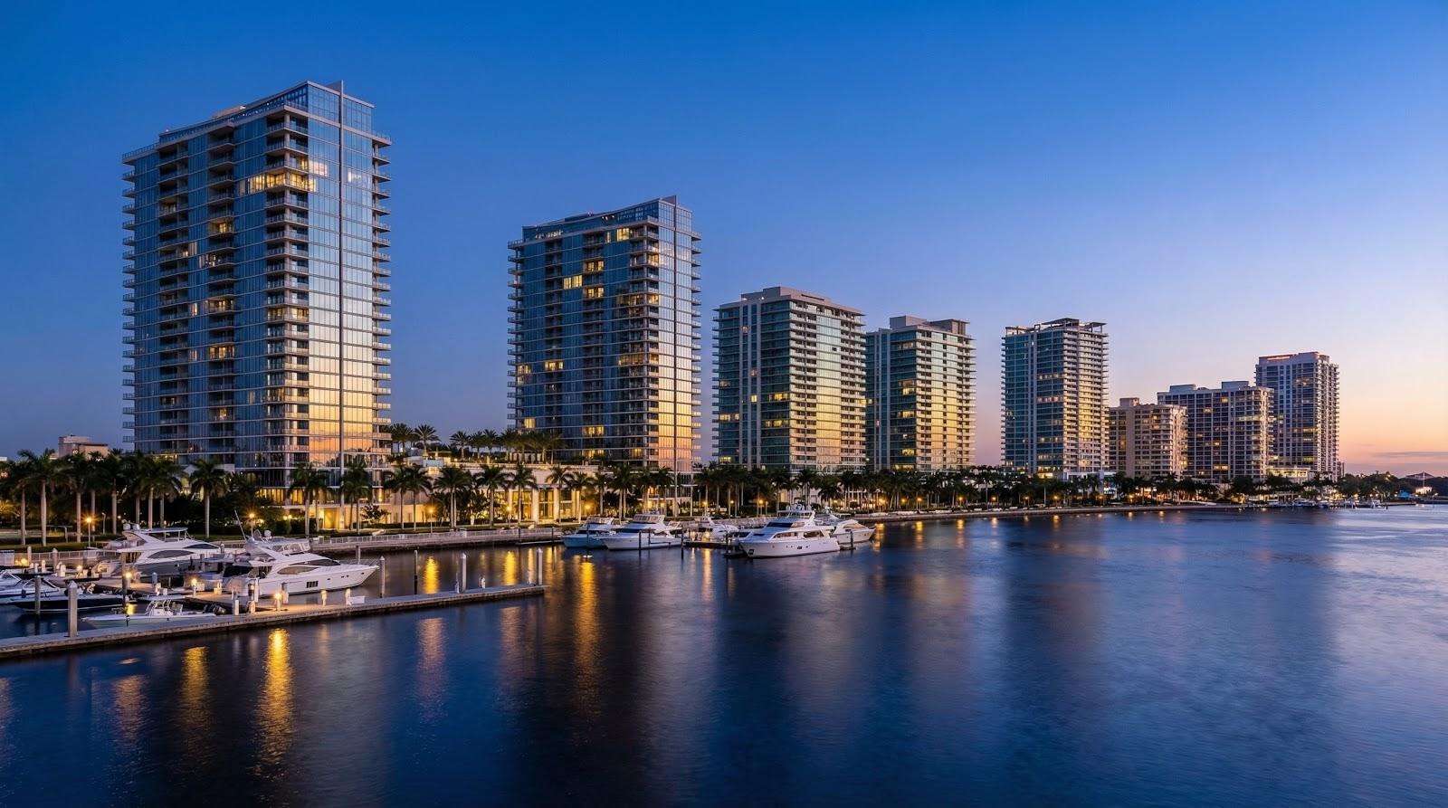 Nighttime View of Waterfront Luxury Condos in Florida with Yachts Docked