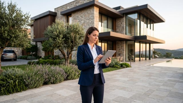 A professional woman in a navy blazer stands on a paved patio using a silver tablet. Behind her is a large, contemporary luxury house with stone and wood cladding and floor-to-ceiling glass windows. An infinity pool and distant hills are visible at sunset. In the foreground are manicured gardens with lavender and olive trees. An SUV is partially visible in a driveway to the left.