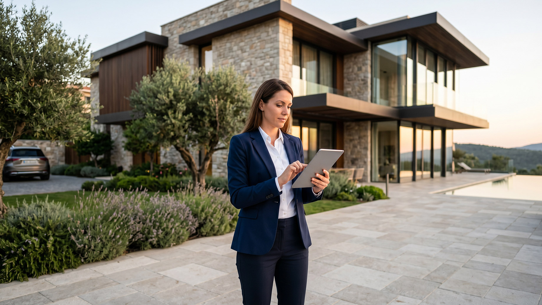 A professional woman in a navy blazer stands on a paved patio using a silver tablet. Behind her is a large, contemporary luxury house with stone and wood cladding and floor-to-ceiling glass windows. An infinity pool and distant hills are visible at sunset. In the foreground are manicured gardens with lavender and olive trees. An SUV is partially visible in a driveway to the left.