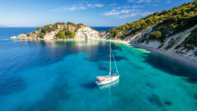 A Moored Yacht in the Ionian Sea at Gidaki Beach on Ithaca Island, Greece