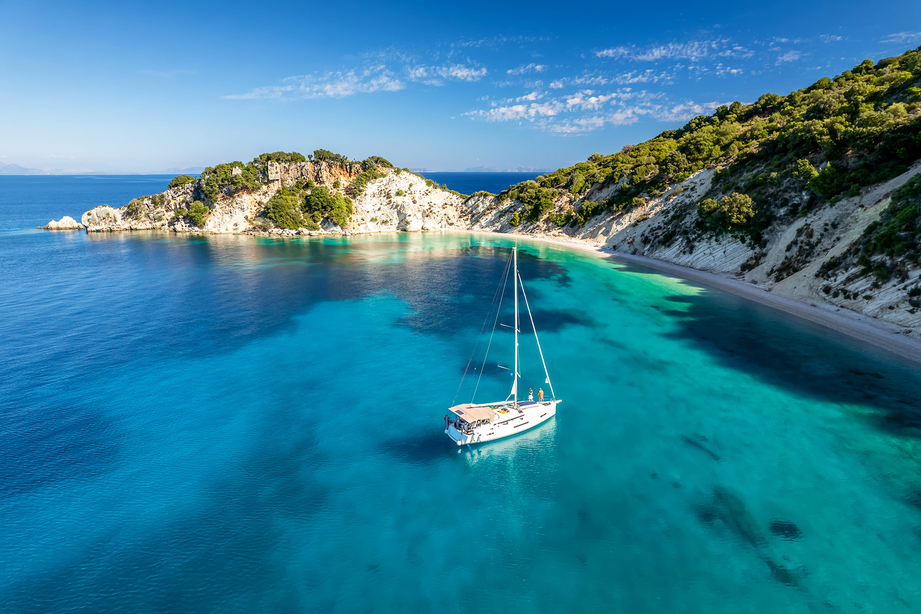 A Moored Yacht in the Ionian Sea at Gidaki Beach on Ithaca Island, Greece