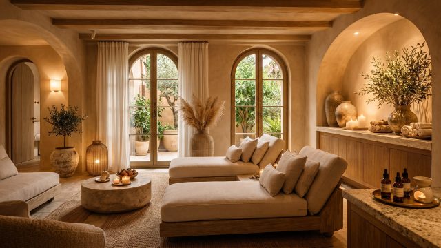 A tranquil, dimly lit luxury spa room featuring two plush beige lounge beds, textured stone accents, arched windows framing green foliage, and glowing candles on a rustic wooden table.