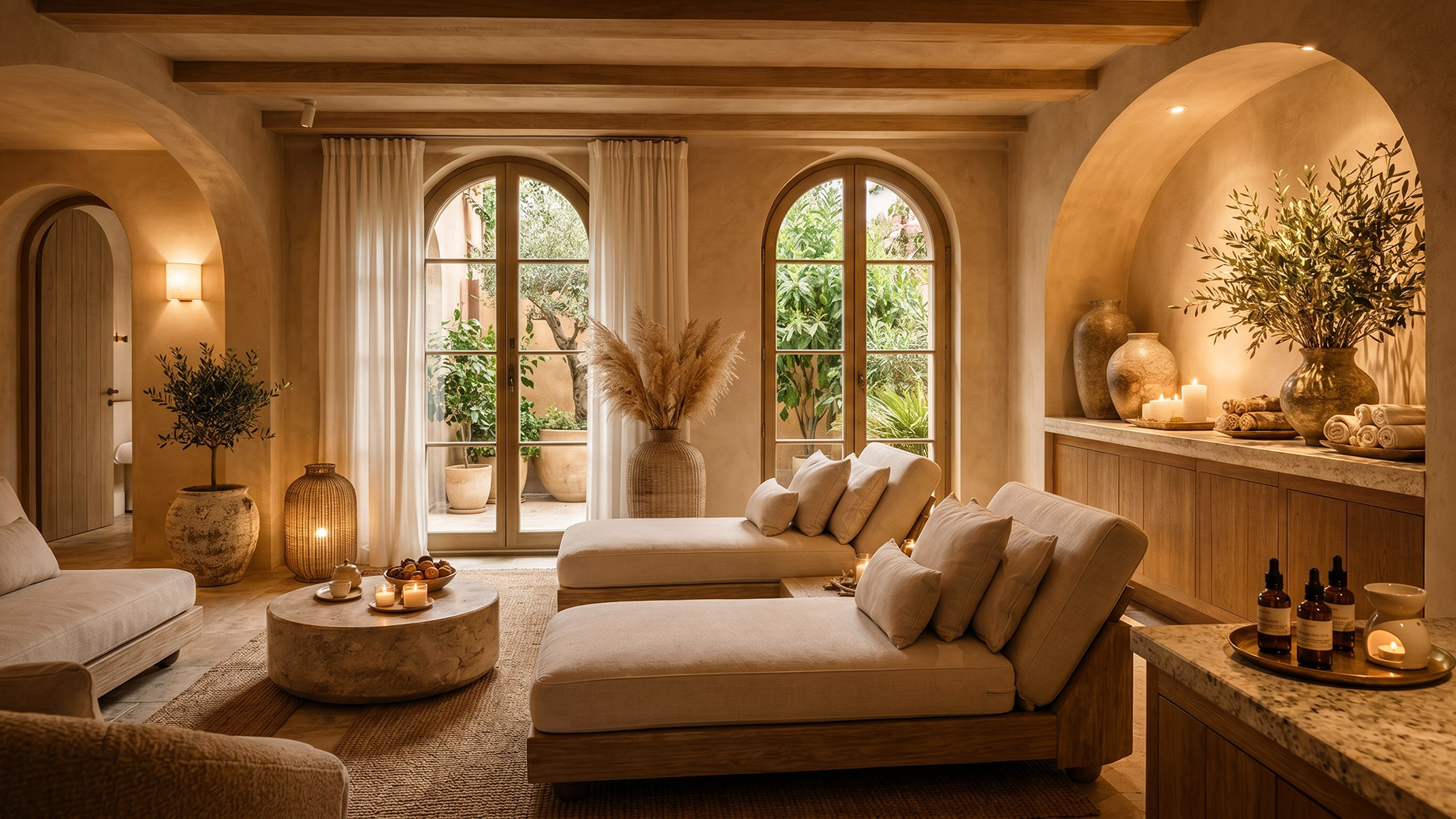 A tranquil, dimly lit luxury spa room featuring two plush beige lounge beds, textured stone accents, arched windows framing green foliage, and glowing candles on a rustic wooden table.