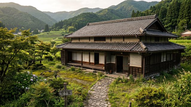A traditional Japanese wooden farmhouse with a tiled roof and shoji doors, viewed from a stone pathway. A small wooden signpost in the foreground garden reads "空き家" (Akiya). The background is a layered mountain landscape covered in forest and terraced fields under a late day sky.