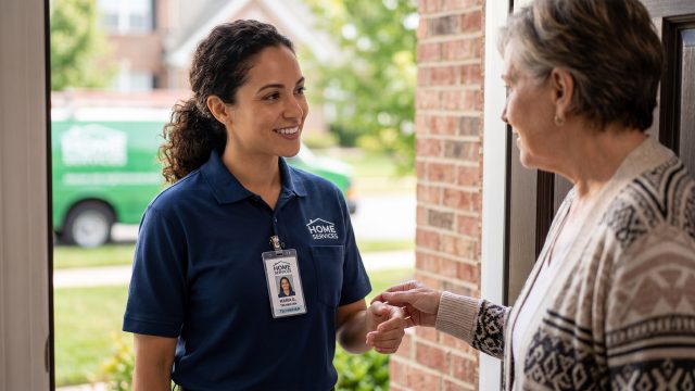 A smiling female home services technician, wearing a blue branded polo and a prominent ID badge, is greeted by a smiling older woman at her front door. A green service van is parked on the street in the background.