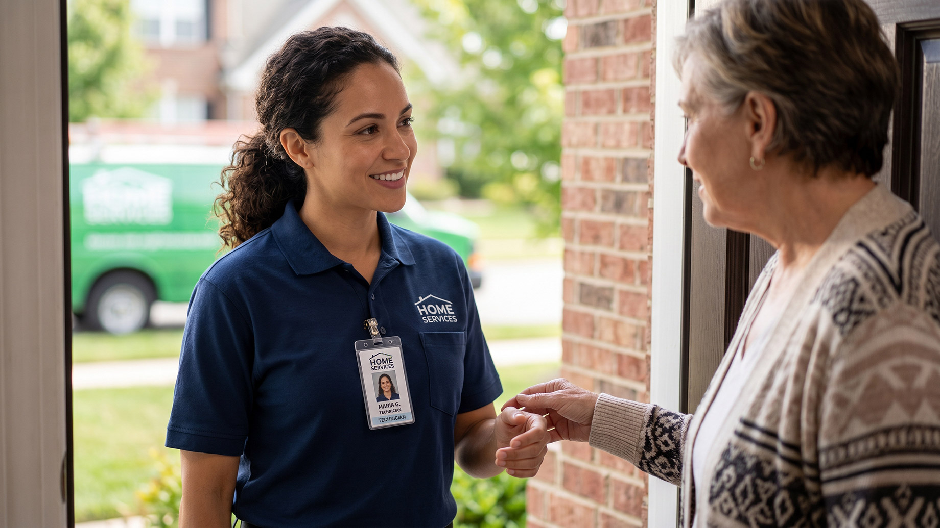 A smiling female home services technician, wearing a blue branded polo and a prominent ID badge, is greeted by a smiling older woman at her front door. A green service van is parked on the street in the background.