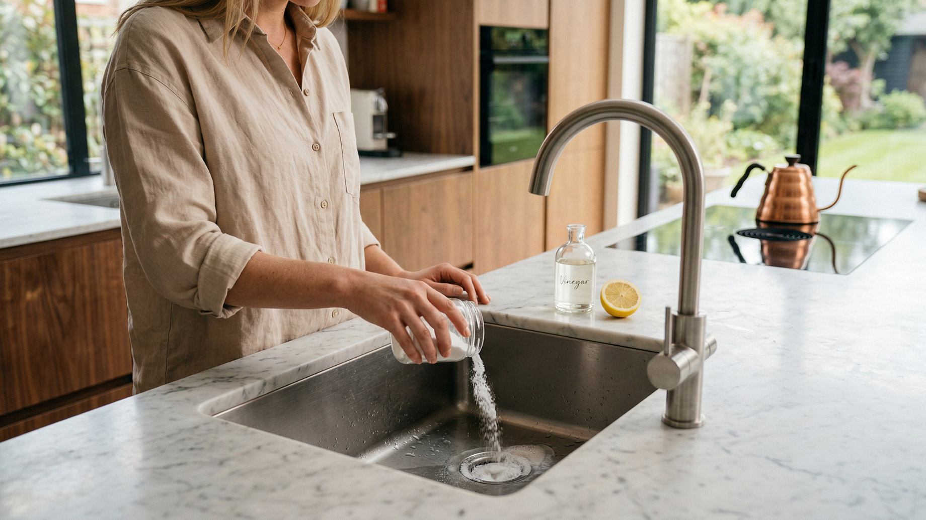 A person pours white powder from a glass container into a modern kitchen sink drain. A bottle of vinegar and a halved lemon sit on the countertop. The background shows a modern kitchen with a view of a garden through large windows.