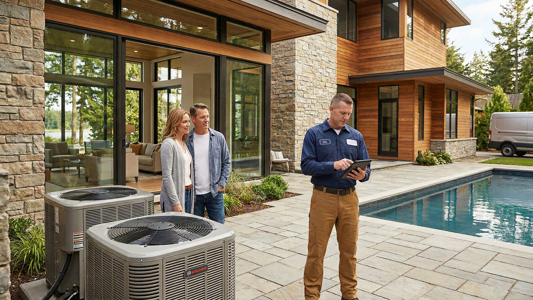 An AC technician in a blue uniform reviews information on a tablet, standing between two large HVAC condenser units and a couple (homeowners). The background shows a modern home with a pool and large windows on a sunny day.