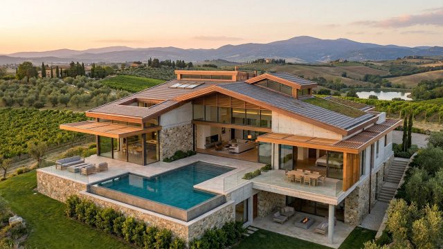 An elevated view of a large, modern, multi-level house built from local stone and wood. The house features multiple terraced balconies with glass railings, a sparkling L-shaped infinity swimming pool, and a unique combination green roof and panel roof with skylights. Outdoor living spaces are furnished with a modern sofa set and a dining area. The property is set within a picturesque Tuscan landscape of rolling hills, terraced vineyards, and olive groves, with a small lake and mountains visible under the warm light of sunrise or sunset.