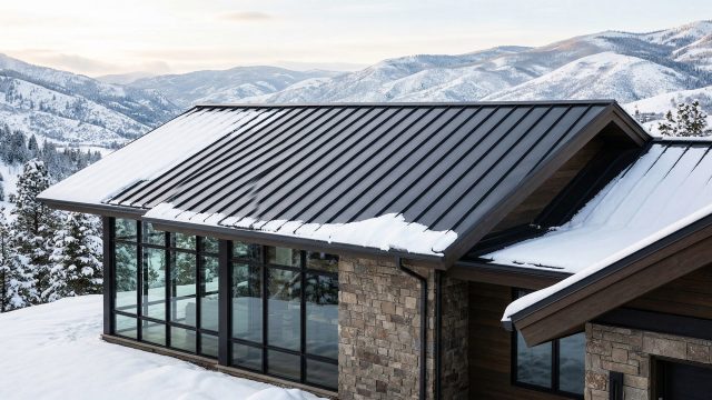 A modern mountain lodge featuring a dark standing-seam metal roof, natural stacked-stone walls, dark wood accents, and extensive floor-to-ceiling windows. The building is nestled in a deep, snow-covered mountain valley with distant, layered peaks under a dawn-lit sky.