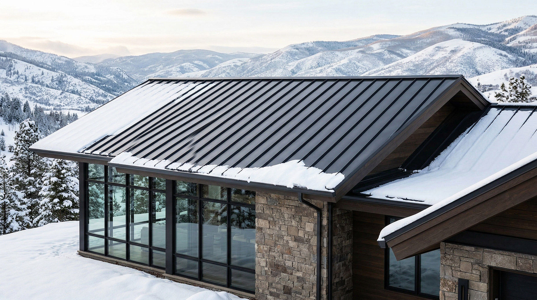 A modern mountain lodge featuring a dark standing-seam metal roof, natural stacked-stone walls, dark wood accents, and extensive floor-to-ceiling windows. The building is nestled in a deep, snow-covered mountain valley with distant, layered peaks under a dawn-lit sky.