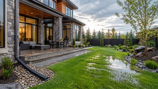 Luxury Calgary backyard after rain with standing water on the lawn, an extended downspout, gravel drainage strip, patio, and landscaped garden beds.