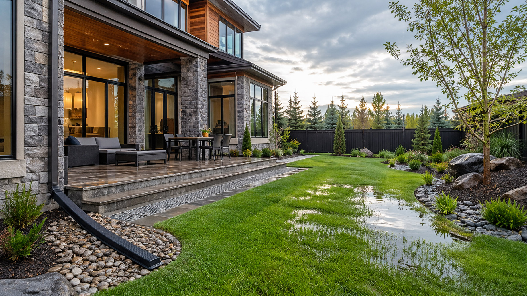 Luxury Calgary backyard after rain with standing water on the lawn, an extended downspout, gravel drainage strip, patio, and landscaped garden beds.