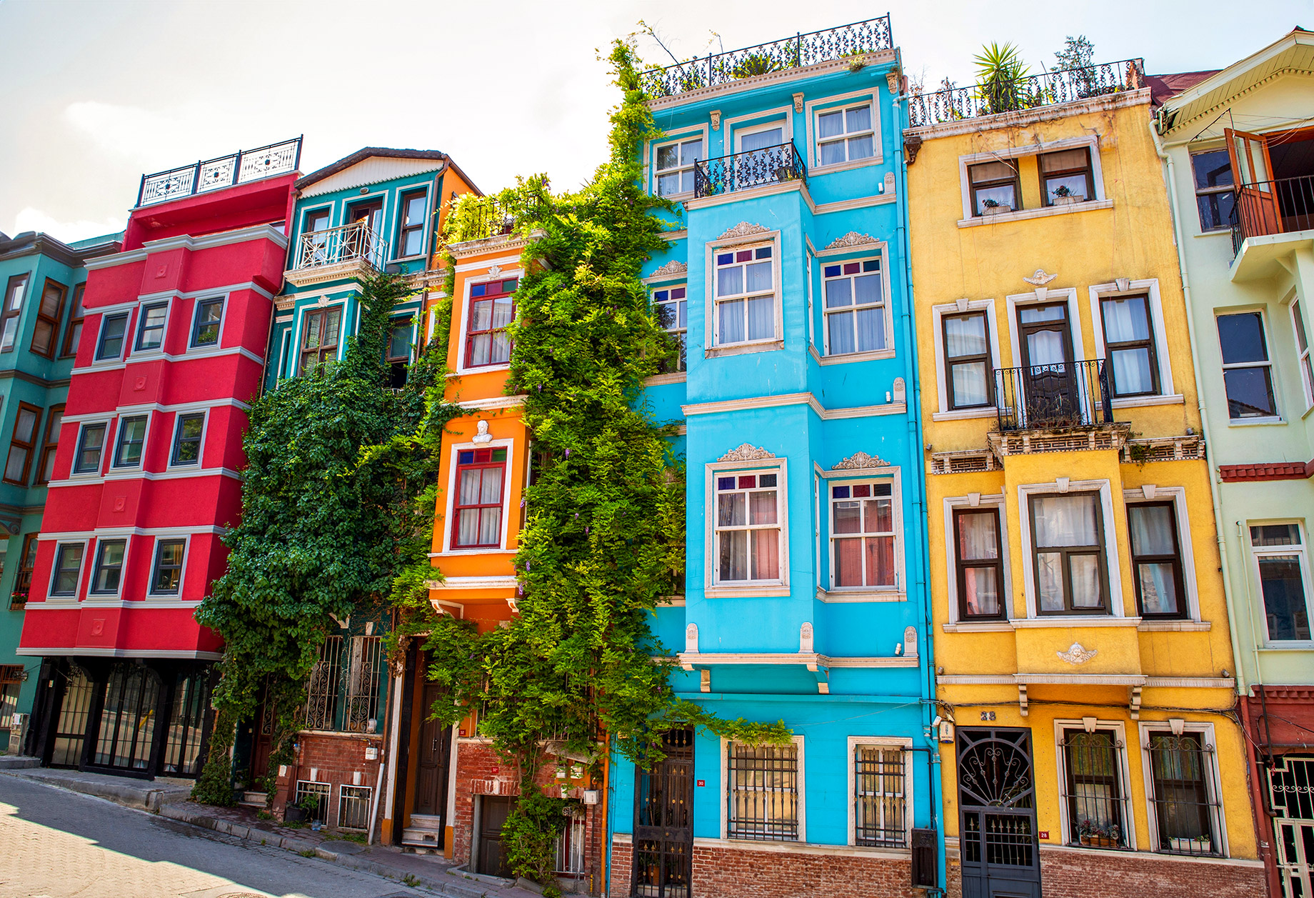 Balat District Street View with Colourful Row Homes in Istanbul, Türkiye
