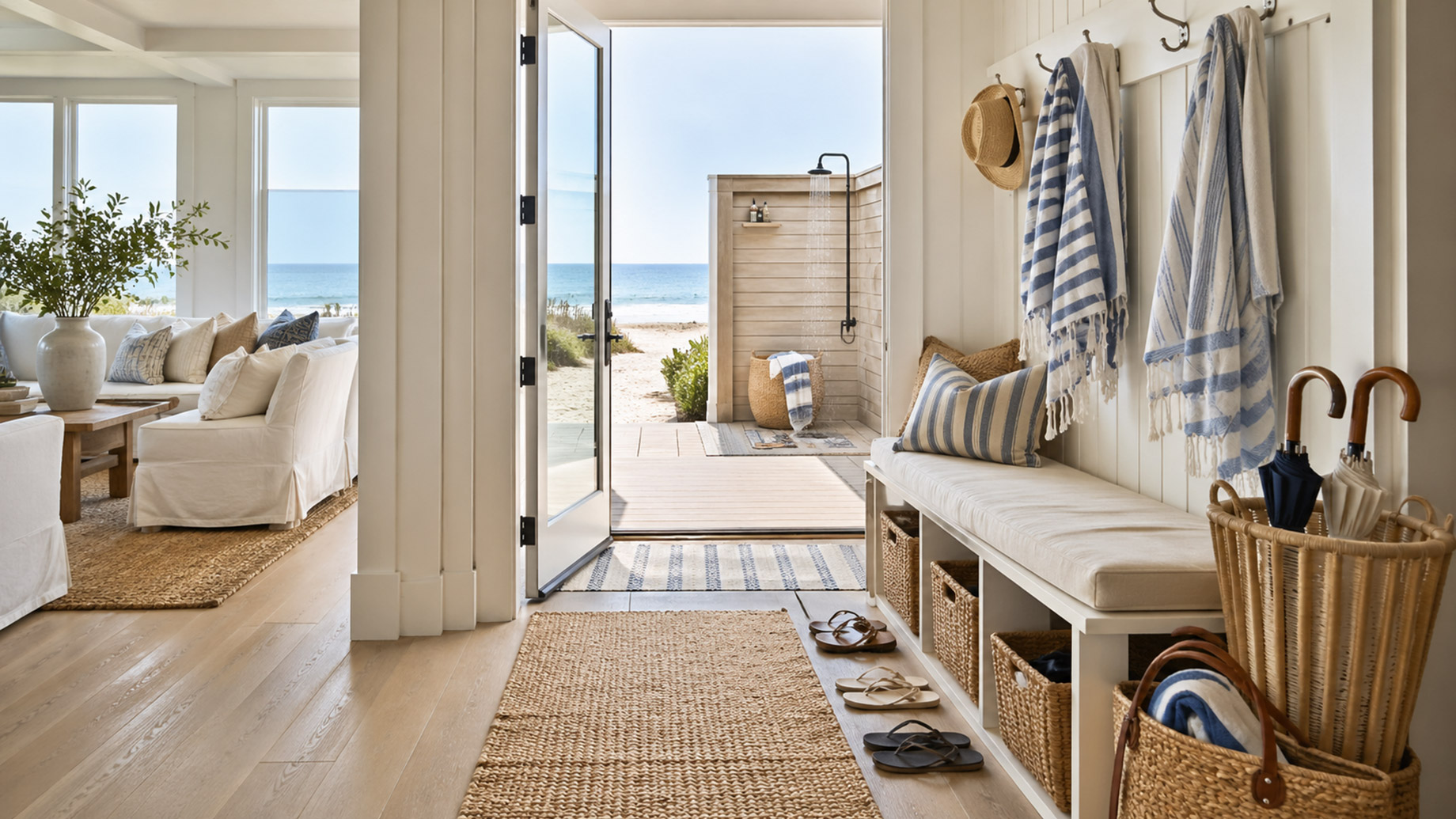 Luxury beachfront home entryway with woven baskets, beach towels, sandals, durable rugs, slipcovered furniture, and an outdoor shower near the ocean.