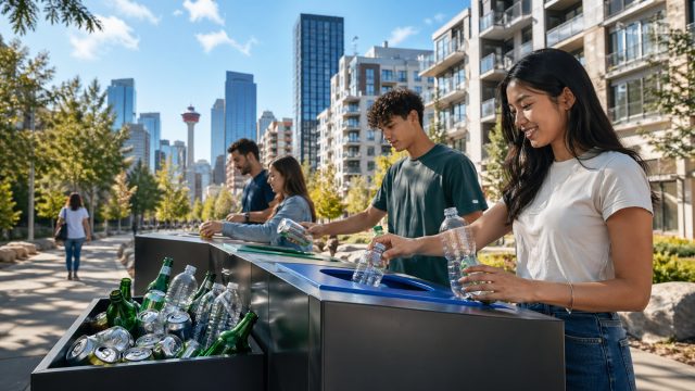 People recycling plastic bottles, glass bottles, and aluminum cans at public sorting bins in a modern urban community with a city skyline in the background.