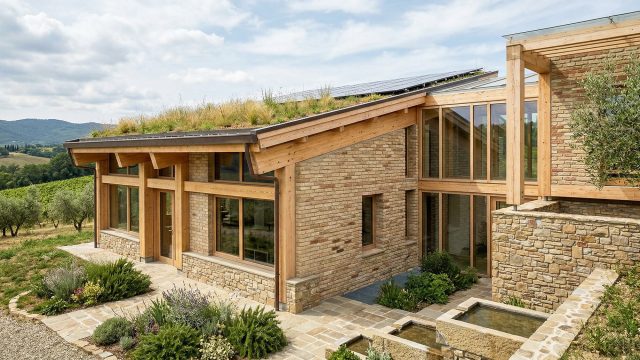 A modern, eco-friendly home constructed with natural clay bricks, heavy timber framing, and a natural stone foundation. The house features large glass windows and a green living roof covered in native grasses, blending seamlessly into a landscape of rolling hills and vineyards.
