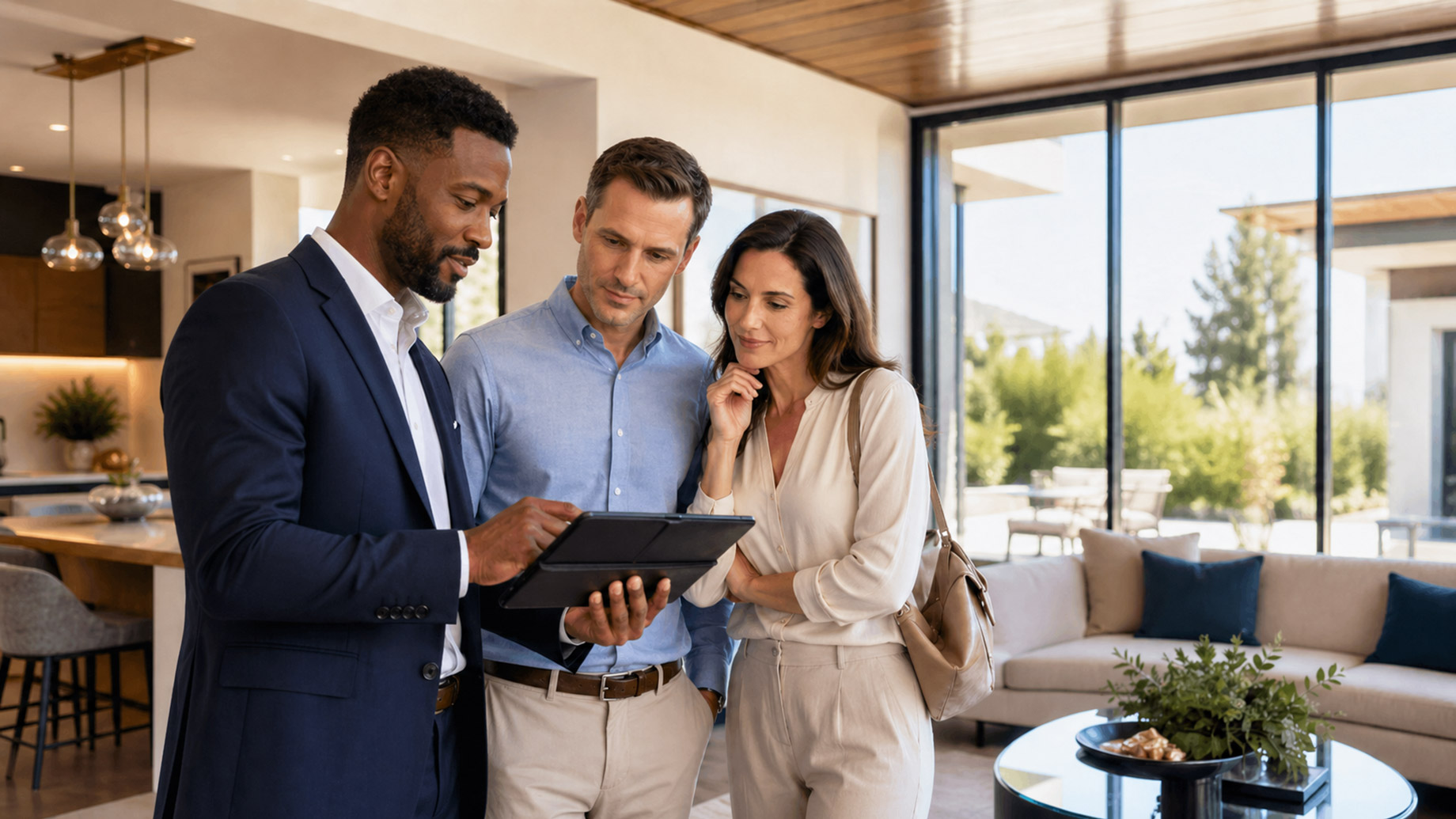 Buyer’s advocate showing property details on a tablet to a couple inside a modern luxury home.