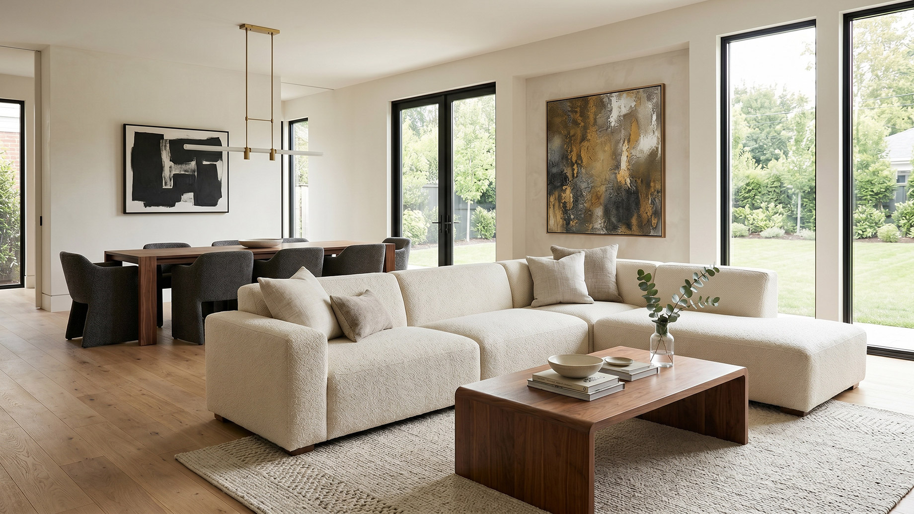 A bright, modern open-concept living and dining room. In the foreground, a low-profile cream bouclé sectional sofa is paired with a sleek walnut wood coffee table resting on a textured light-colored rug. In the background, a warm wooden dining table is surrounded by dark upholstered chairs under a minimalist brass linear chandelier. Large black-framed windows reveal a lush green yard, filling the minimalist space with natural light.