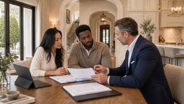 A homeowner couple meets with a buyer representative at a table in a traditional luxury home to review documents related to a fast home sale.