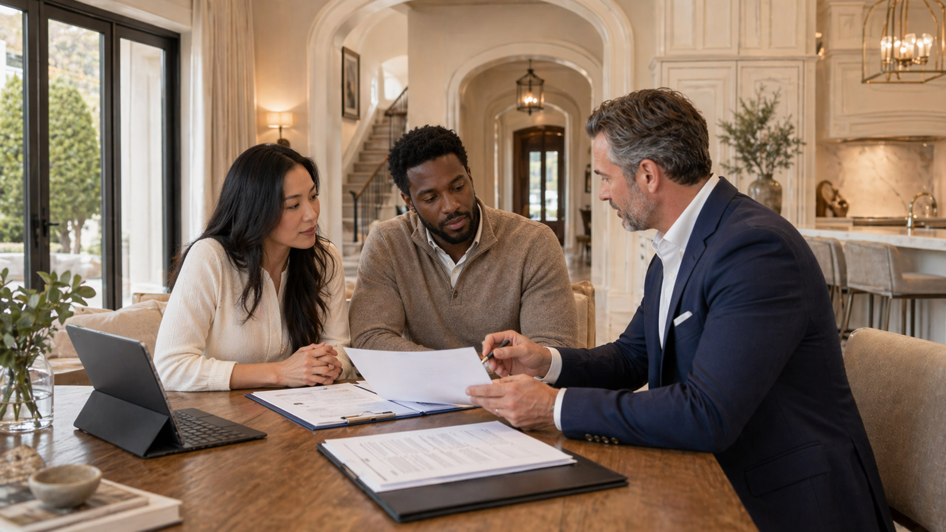 A homeowner couple meets with a buyer representative at a table in a traditional luxury home to review documents related to a fast home sale.