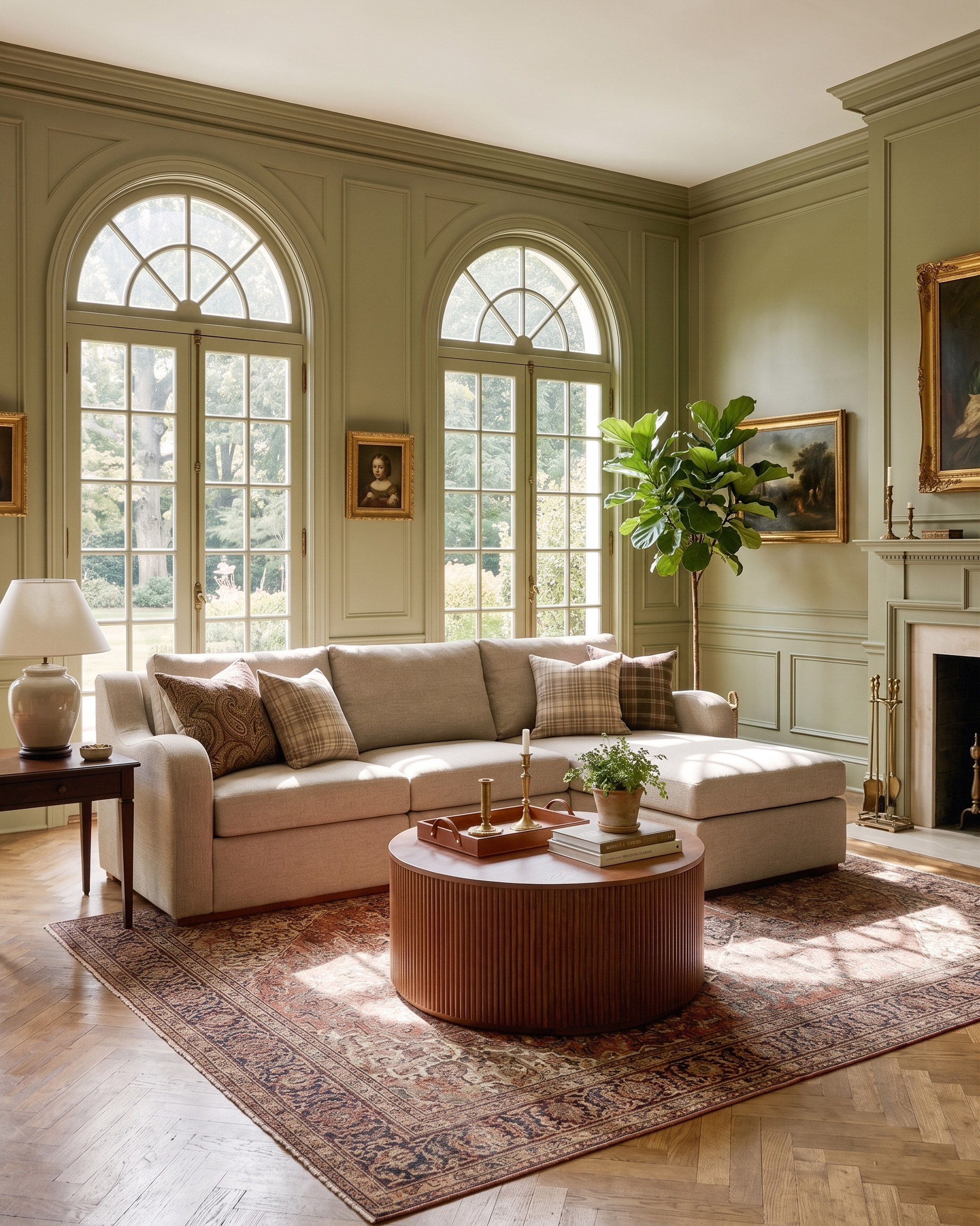 A sunlit, traditional living room featuring sage green paneled walls, large arched French doors, a beige sectional sofa, a round fluted wood coffee table, and a large vintage-style area rug over herringbone floors.