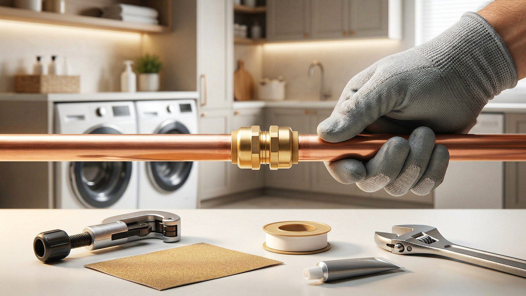 A detailed close-up of hands in grey work gloves connecting a brass fitting to a copper pipe. In the foreground, an array of plumbing tools like a pipe cutter and wrench are arranged on a counter. The background is a modern kitchen and laundry room.