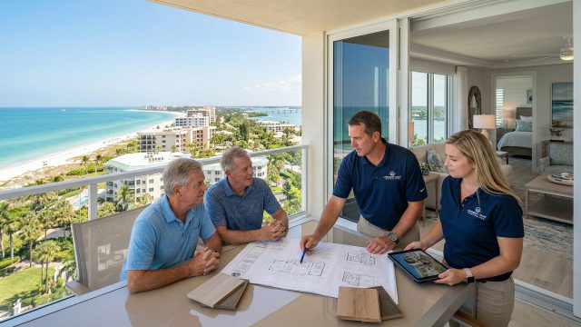 Four professionals and clients review architectural blueprints spread on a glass table on a high-rise balcony overlooking a expansive turquoise ocean and sandy coastline lined with hotels. One man points to the plans while a woman holds a tablet, and wood flooring samples sit on the table.