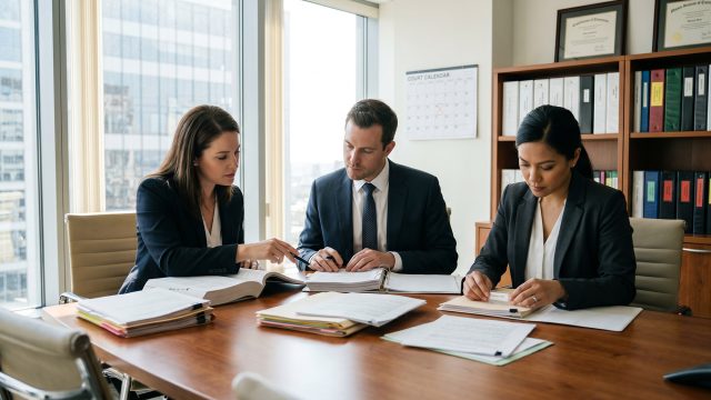 Three professionals in business attire sit around a wooden conference table in a bright office, deeply focused on reviewing stacks of legal documents and open binders.