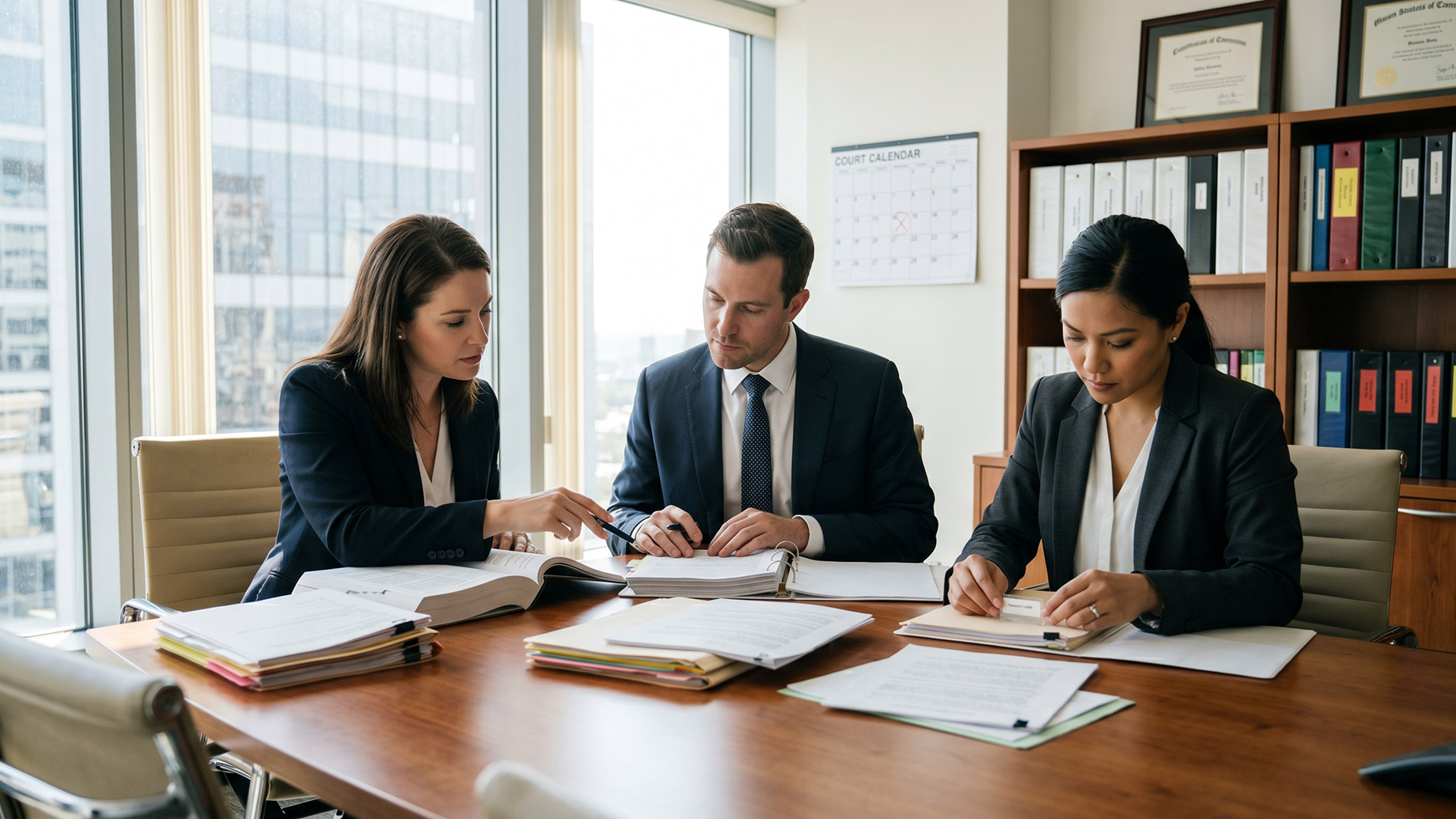 Three professionals in business attire sit around a wooden conference table in a bright office, deeply focused on reviewing stacks of legal documents and open binders.