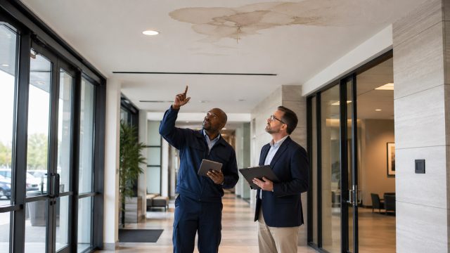 Commercial property manager inspecting a small ceiling leak inside an office building before it turns into a larger insurance problem.