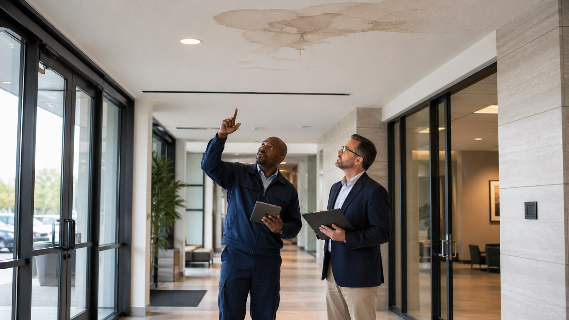 Commercial property manager inspecting a small ceiling leak inside an office building before it turns into a larger insurance problem.