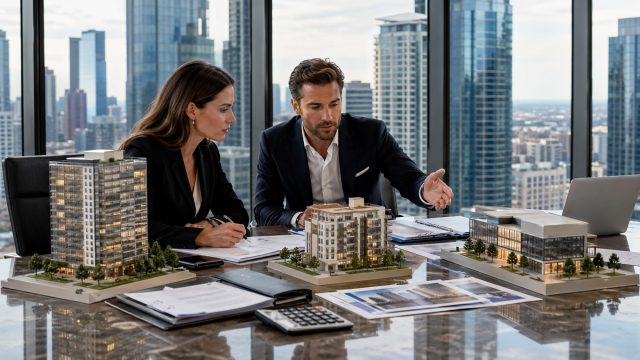 Two business professionals reviewing commercial property models, financing documents, a calculator, and a laptop in a modern office overlooking a city skyline.